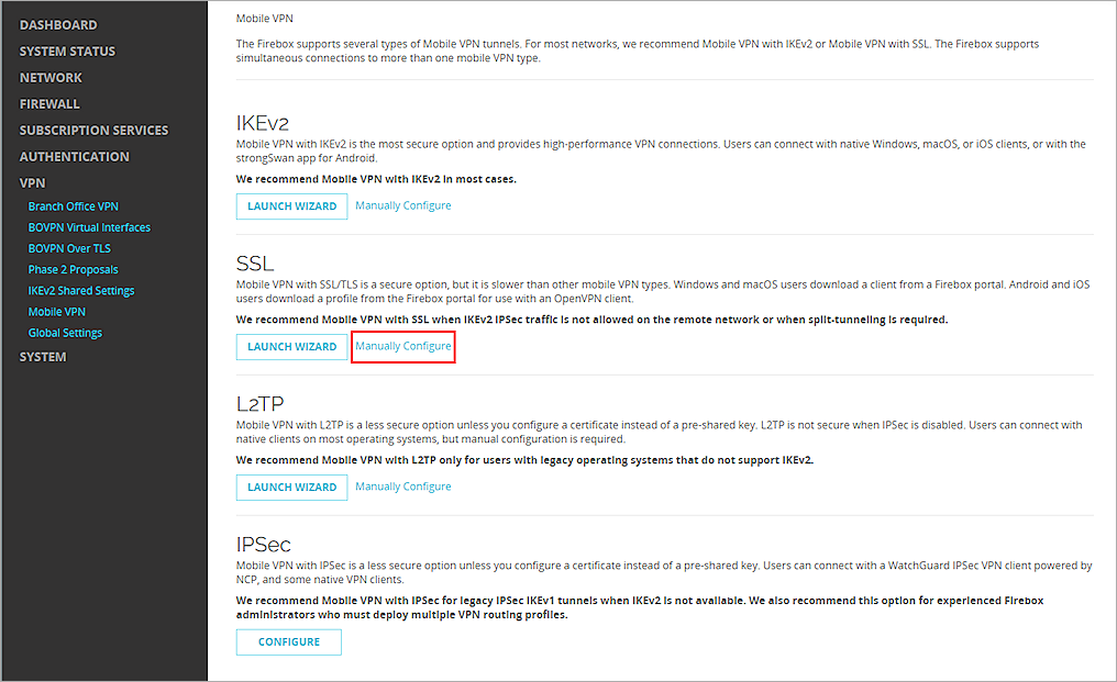 Screenshot of the Mobile VPN with SSL page on the Firebox
